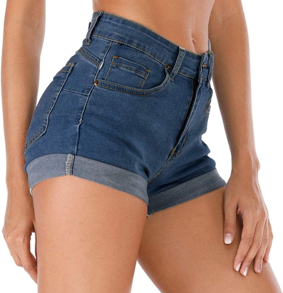 Women'S Summer High Waisted Denim Shorts Folded Hem Casual Short Jeans
