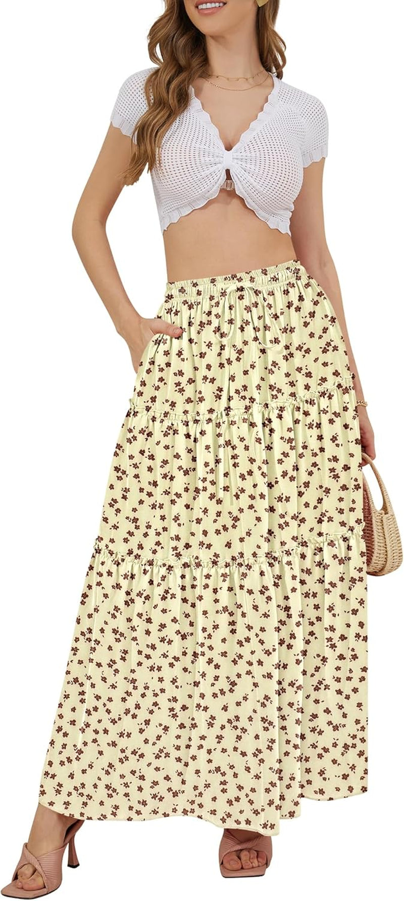 Skirts for Women Boho Elastic Waisted Drawstring Swing Ruched 3 Tiered Maxi Skirt with Pockets