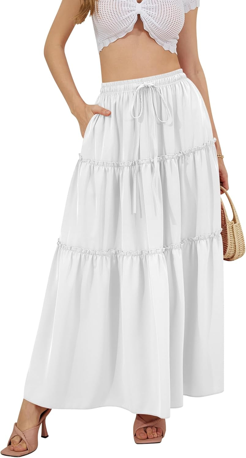 Skirts for Women Boho Elastic Waisted Drawstring Swing Ruched 3 Tiered Maxi Skirt with Pockets