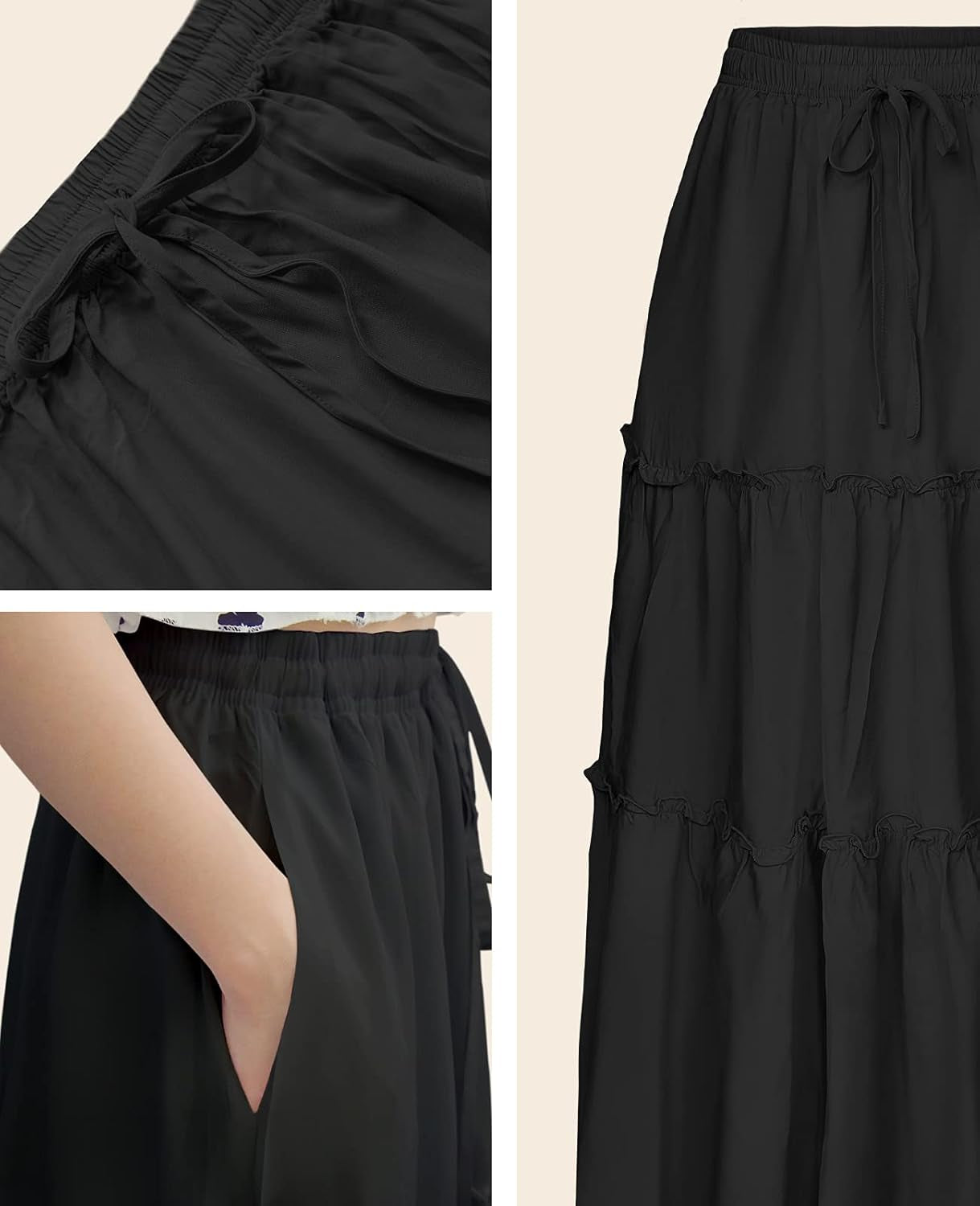 Skirts for Women Boho Elastic Waisted Drawstring Swing Ruched 3 Tiered Maxi Skirt with Pockets