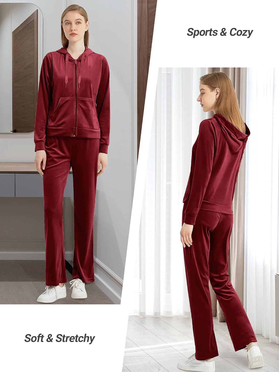 Womens Velour Tracksuits Set Long Sleeve Sweatsuits 2 Piece Sports Outfit Zip Hoodie Sweatpants Joggers Set