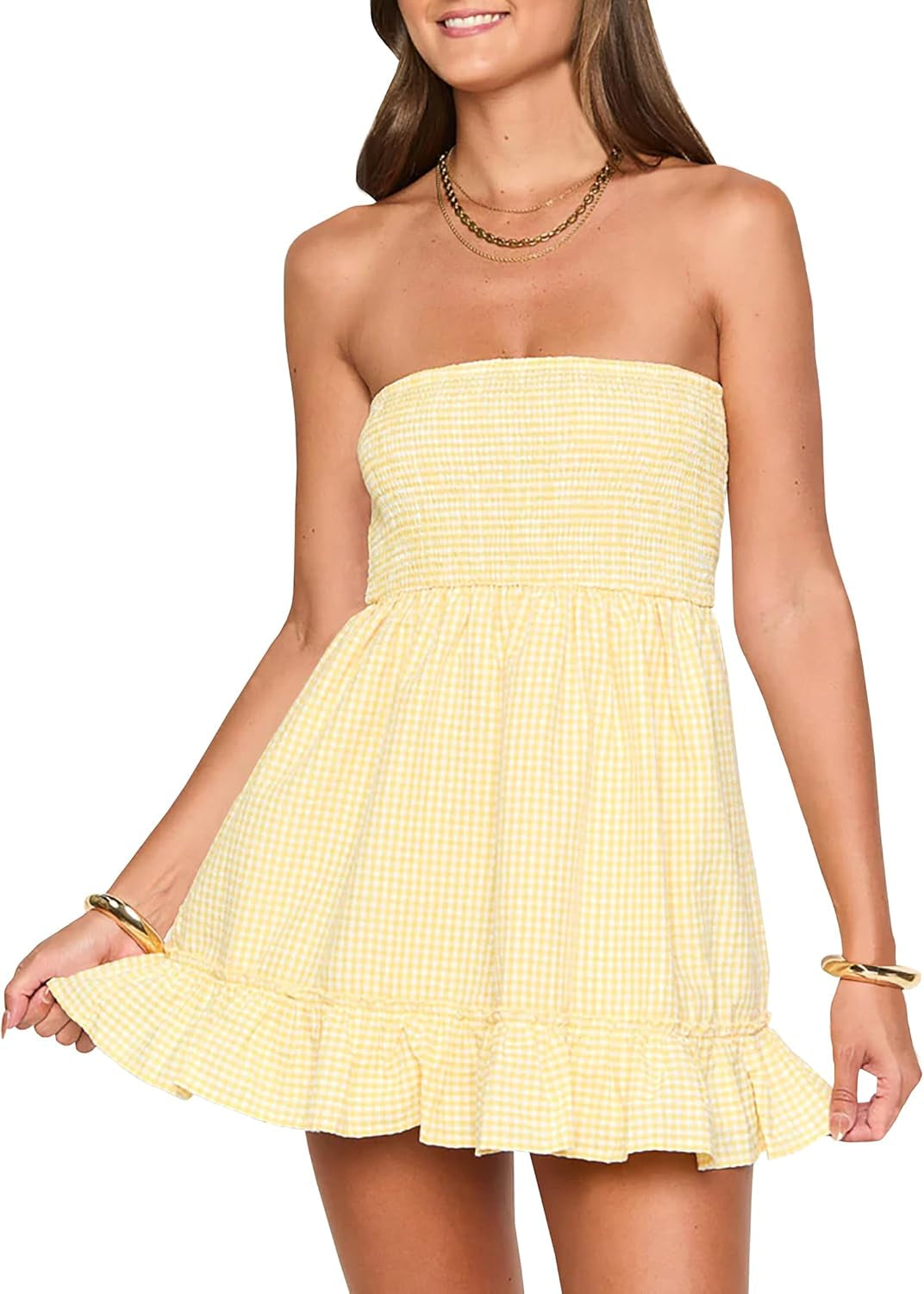 Tube Top Dress for Women Summer Solid Strapless Mini Dresses, off the Shoudle Ruffle Beach Dress