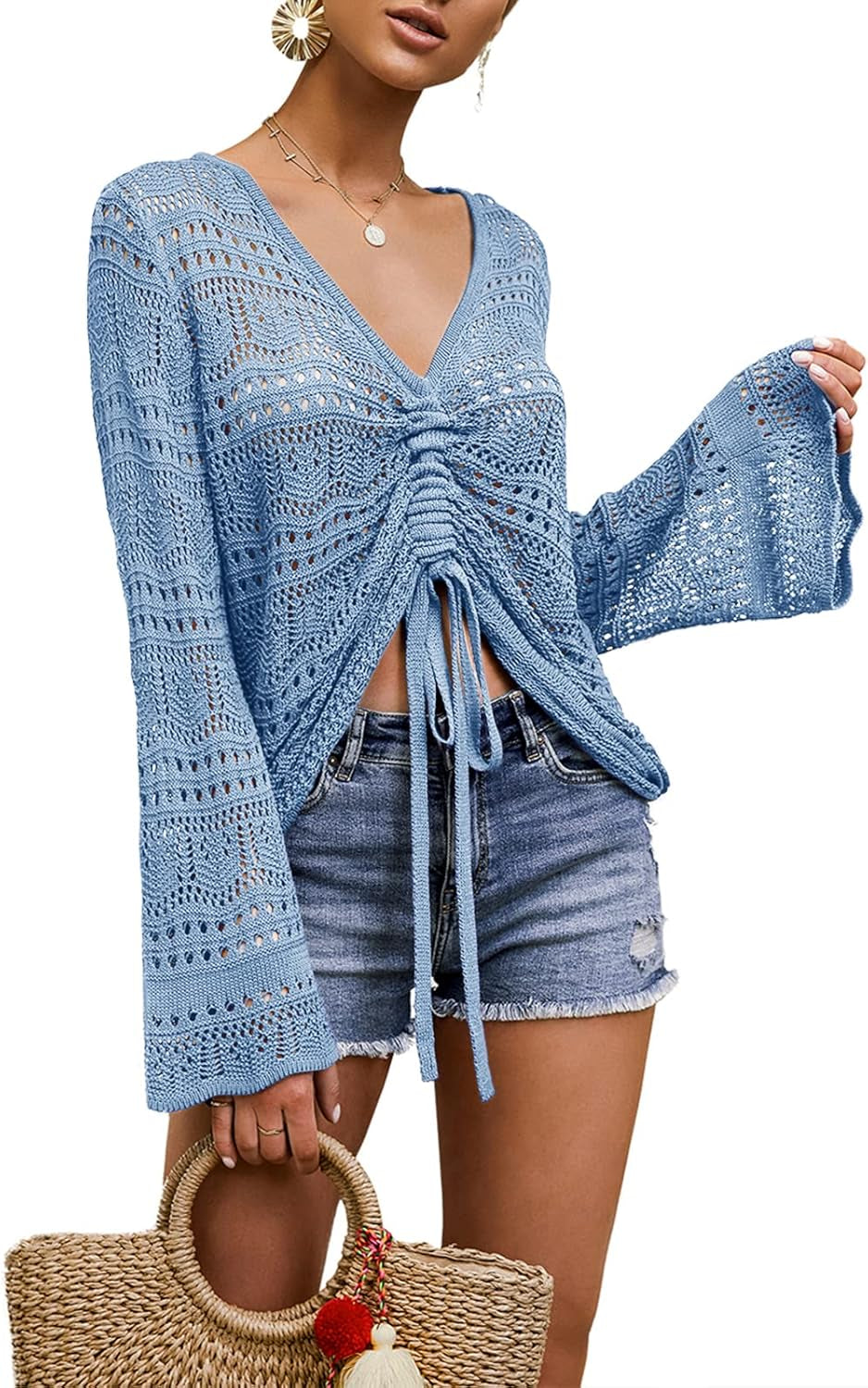 Womens Boho off Shoulder Sheer Crop Tops Bell Sleeve Flowy Oversized Crochet Ruched Pullover Sweaters