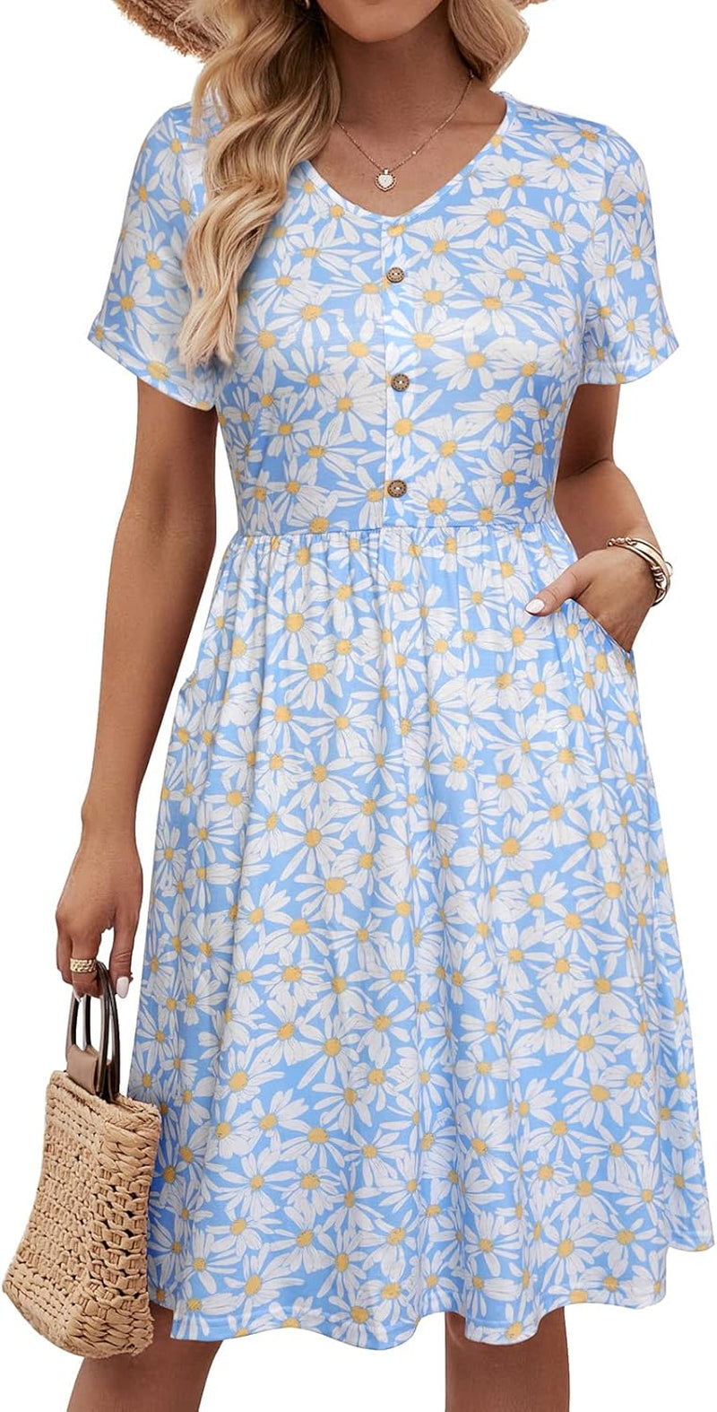 Fall Dresses for Women 2023 with Sleeves Cotton V Neck Button down a Line Casual Dress Pockets