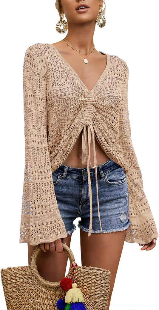 Womens Boho off Shoulder Sheer Crop Tops Bell Sleeve Flowy Oversized Crochet Ruched Pullover Sweaters
