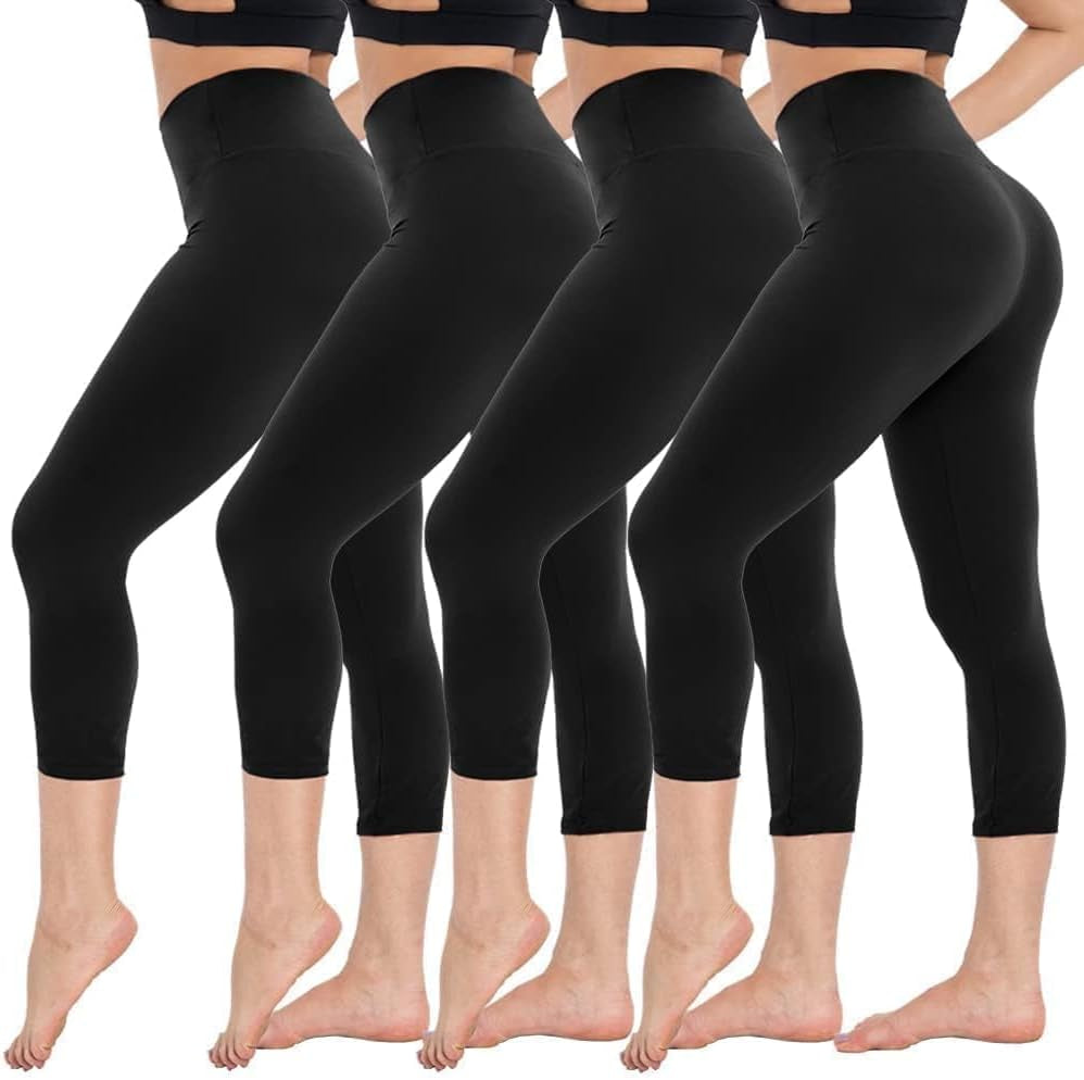 4 Pack Capri Leggings for Women - High Waisted Capris Tummy Control Yoga Pants with Pockets Workout Cycling Tights
