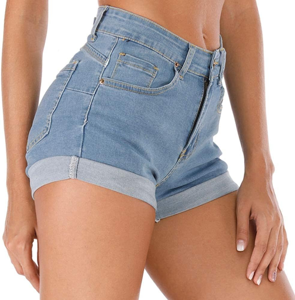 Women'S Summer High Waisted Denim Shorts Folded Hem Casual Short Jeans