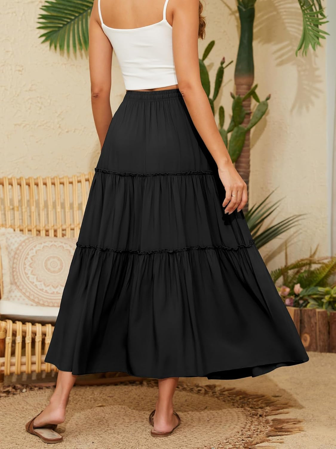 Skirts for Women Boho Elastic Waisted Drawstring Swing Ruched 3 Tiered Maxi Skirt with Pockets
