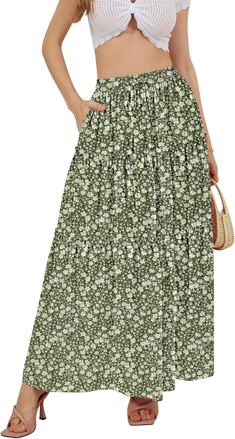 Skirts for Women Boho Elastic Waisted Drawstring Swing Ruched 3 Tiered Maxi Skirt with Pockets