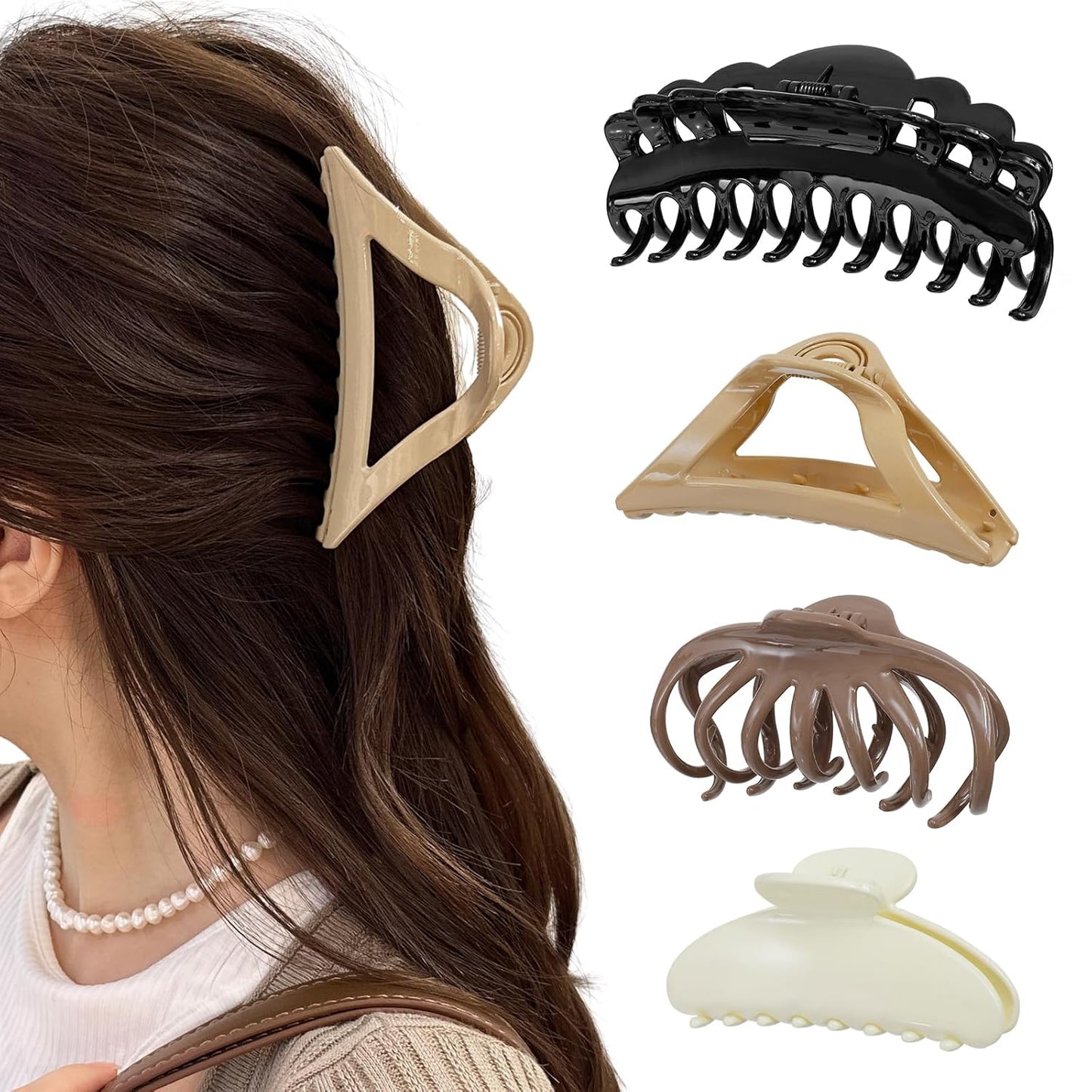 4 Pack Large Hair Claw Clips for Women - 4.7 Inch Light Weight Hair Clips for Thick Hair, 4 Styles, 4 Colors, Nonslip Strong Hold Big Jaw Clips