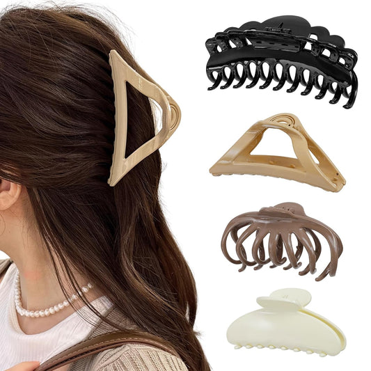 4 Pack Large Hair Claw Clips for Women - 4.7 Inch Light Weight Hair Clips for Thick Hair, 4 Styles, 4 Colors, Nonslip Strong Hold Big Jaw Clips