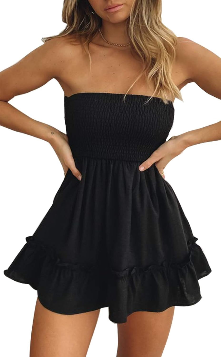 Tube Top Dress for Women Summer Solid Strapless Mini Dresses, off the Shoudle Ruffle Beach Dress