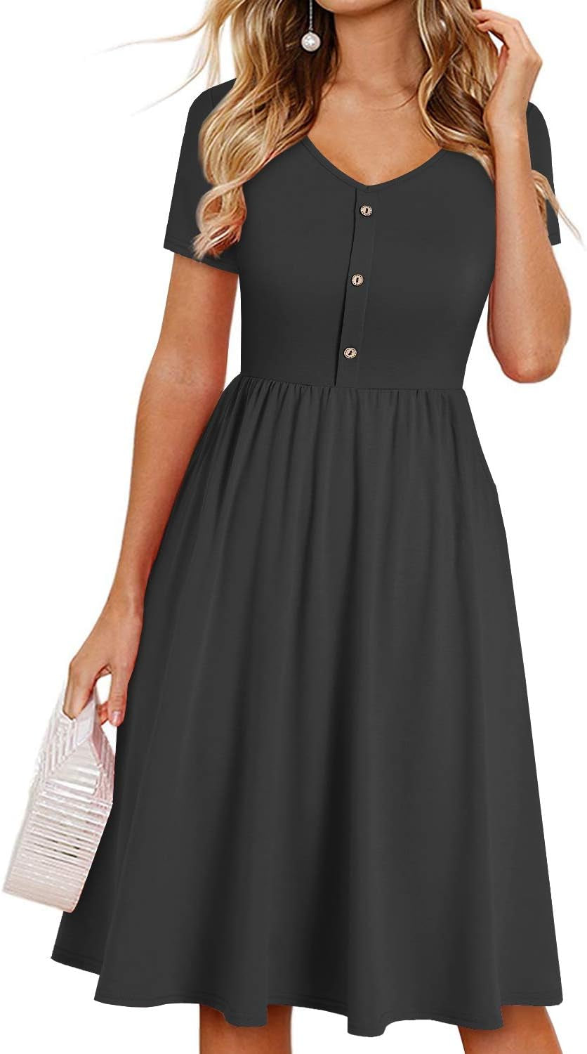 Fall Dresses for Women 2023 with Sleeves Cotton V Neck Button down a Line Casual Dress Pockets