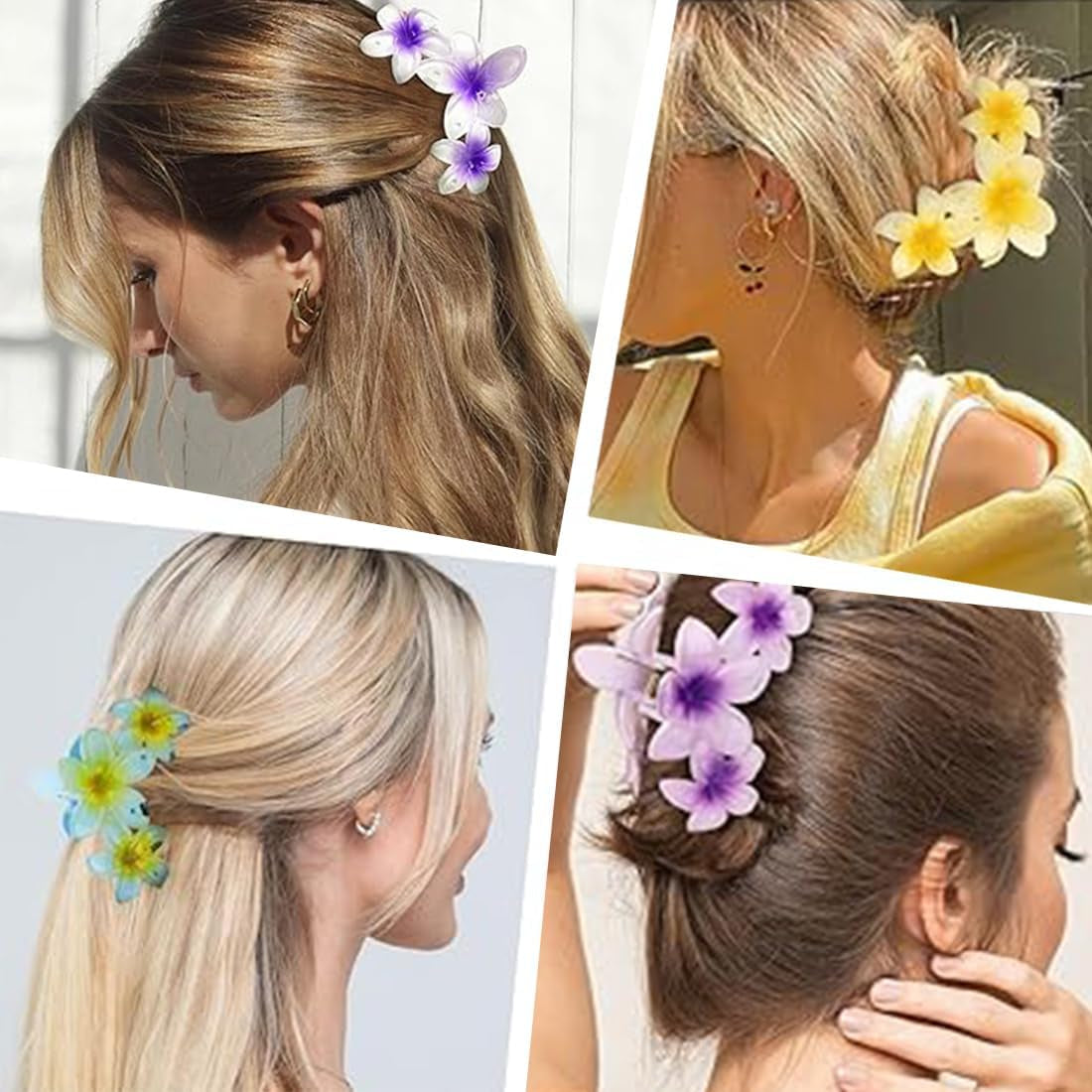 4PCS Hawaiian Plumeria Flower Hair Clips - Large Non-Slip Claw Clips for Women, Strong Hold Beach Hair Accessories (Light Colour)