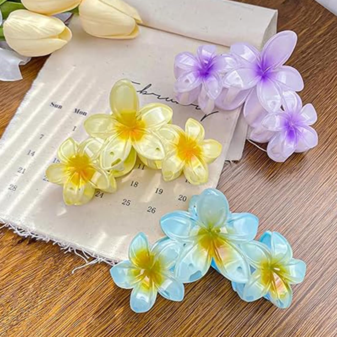 4PCS Hawaiian Plumeria Flower Hair Clips - Large Non-Slip Claw Clips for Women, Strong Hold Beach Hair Accessories (Light Colour)