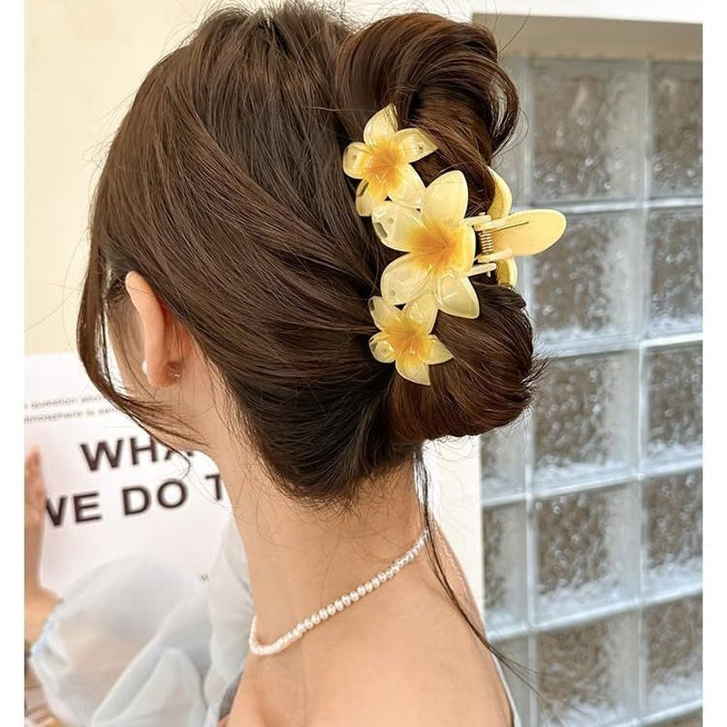 4PCS Hawaiian Plumeria Flower Hair Clips - Large Non-Slip Claw Clips for Women, Strong Hold Beach Hair Accessories (Light Colour)