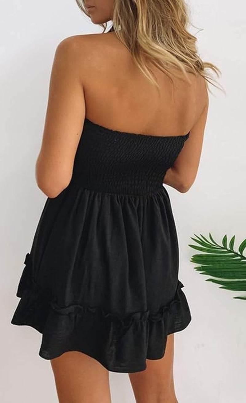 Tube Top Dress for Women Summer Solid Strapless Mini Dresses, off the Shoudle Ruffle Beach Dress