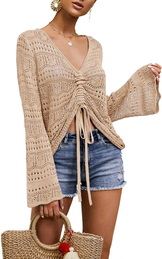 Womens Boho off Shoulder Sheer Crop Tops Bell Sleeve Flowy Oversized Crochet Ruched Pullover Sweaters