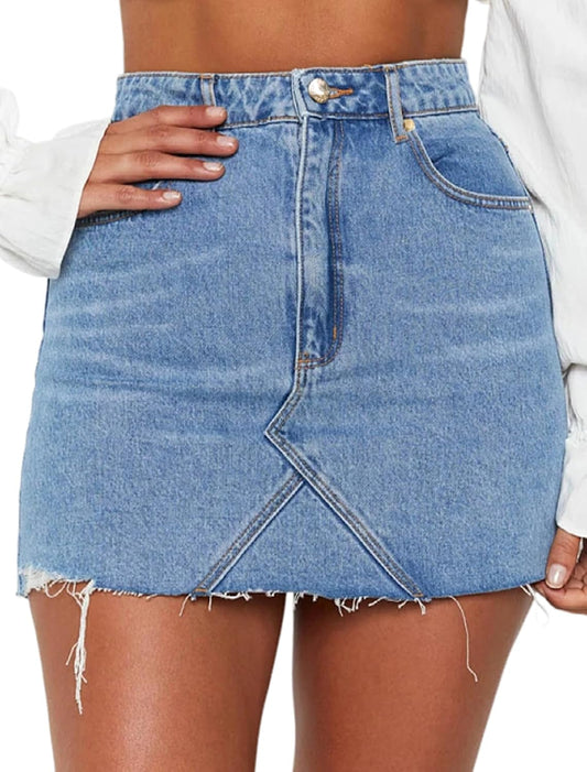Women'S Stretch Washed Vintage Jean Skirt Fringed Slim Fit Denim Mini Skirt