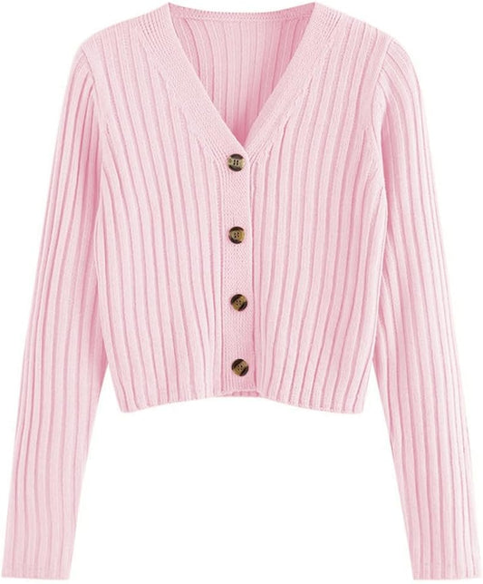 Women'S V Neck Ribbed Button up Cardigan Solid Knitwear Long Sleeve Surplice Crop Tops Sweaters