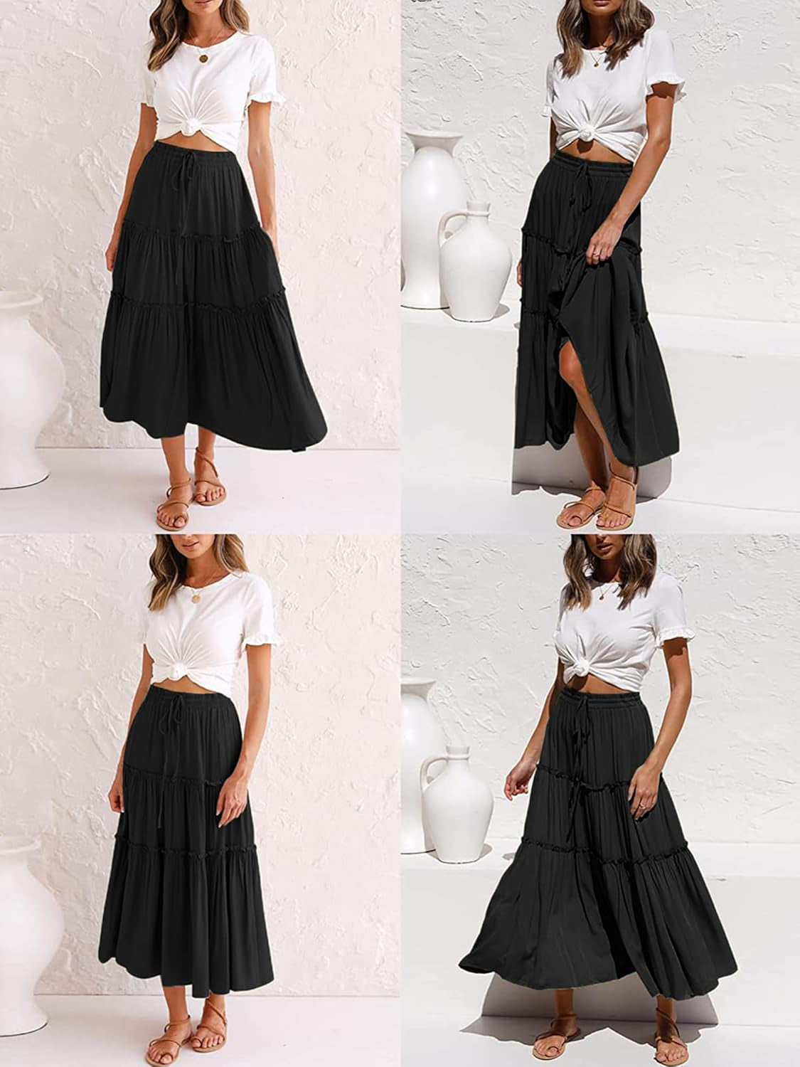 Skirts for Women Boho Elastic Waisted Drawstring Swing Ruched 3 Tiered Maxi Skirt with Pockets