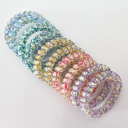 No Crease Spiral Hair Ties - 20 Mixed Color Pieces, Coil Hair Bands with Floral Fragments Style