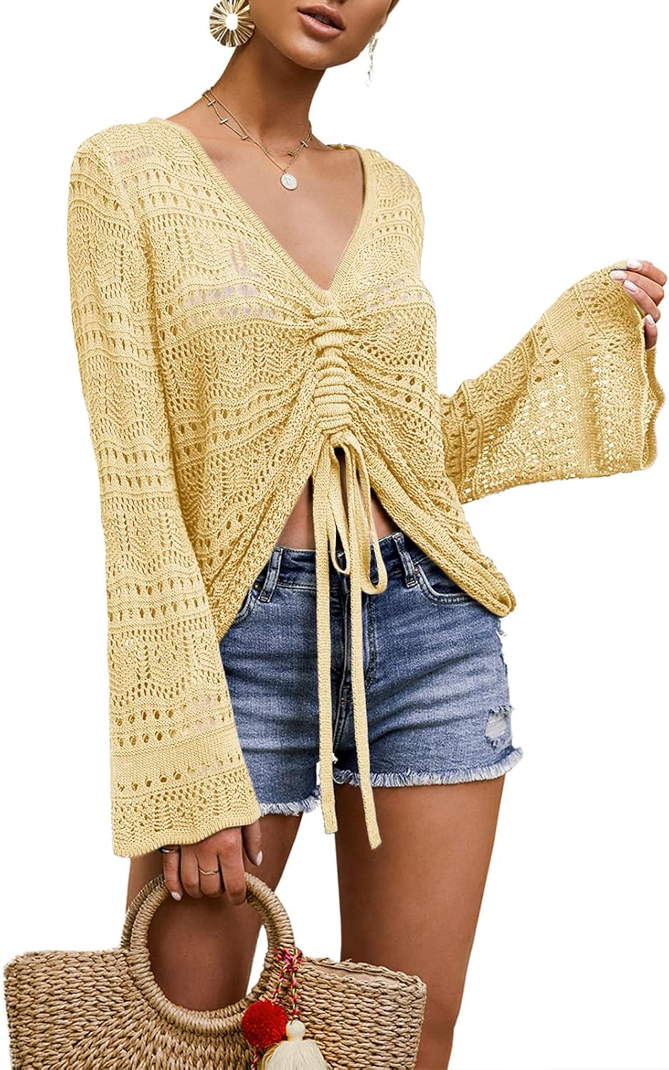Womens Boho off Shoulder Sheer Crop Tops Bell Sleeve Flowy Oversized Crochet Ruched Pullover Sweaters