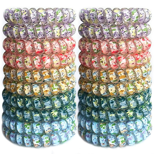 No Crease Spiral Hair Ties - 20 Mixed Color Pieces, Coil Hair Bands with Floral Fragments Style