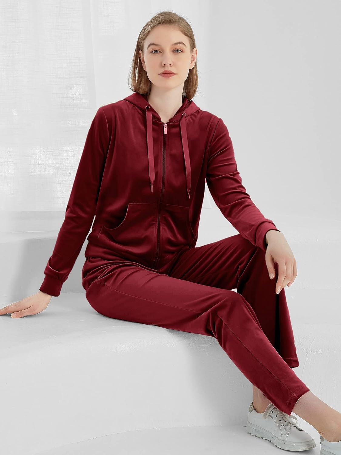 Womens Velour Tracksuits Set Long Sleeve Sweatsuits 2 Piece Sports Outfit Zip Hoodie Sweatpants Joggers Set