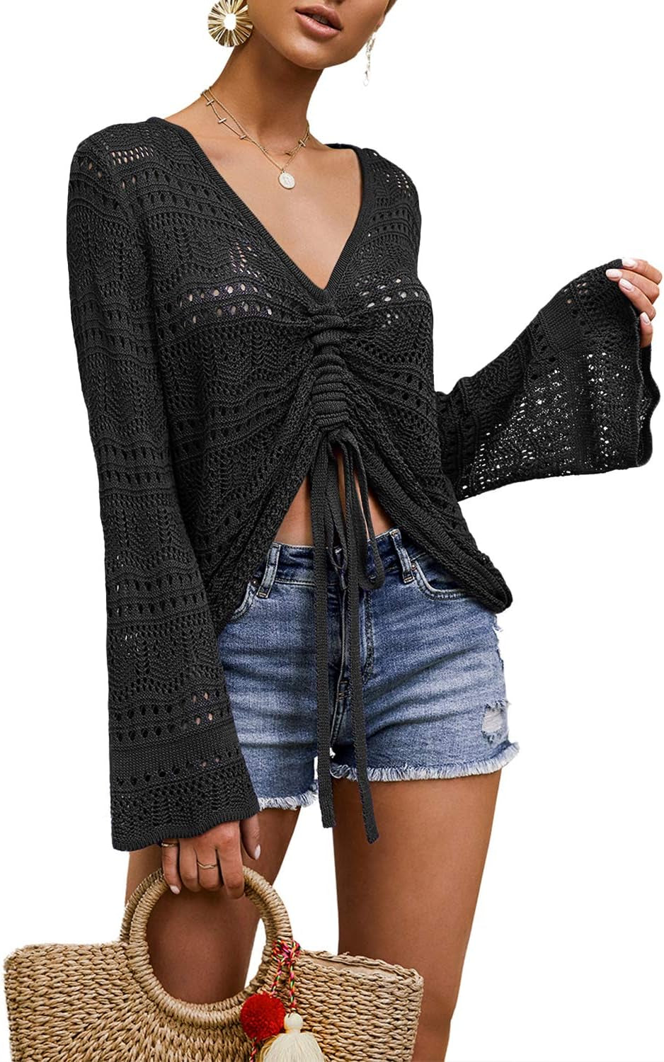 Womens Boho off Shoulder Sheer Crop Tops Bell Sleeve Flowy Oversized Crochet Ruched Pullover Sweaters