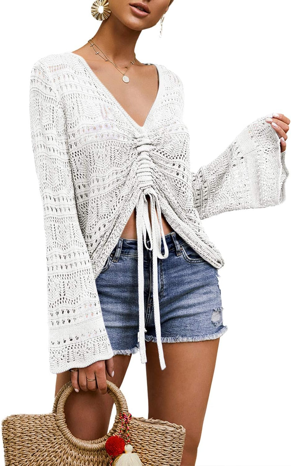 Womens Boho off Shoulder Sheer Crop Tops Bell Sleeve Flowy Oversized Crochet Ruched Pullover Sweaters