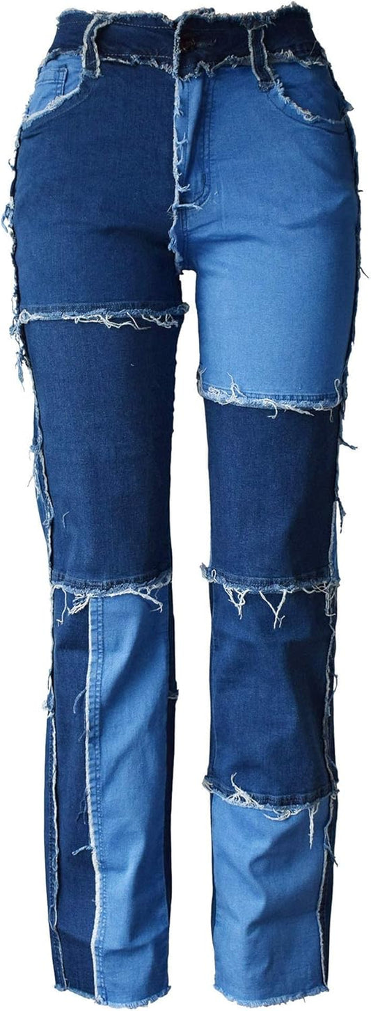Women Frayed Patch Jeans High Waist Raw Hem Denim Y2K Pants Boyfriend