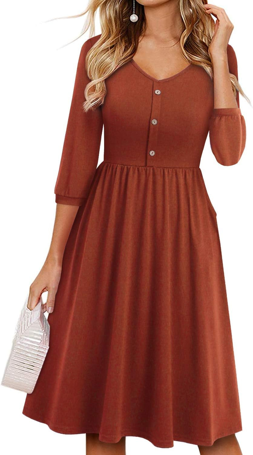 Fall Dresses for Women 2023 with Sleeves Cotton V Neck Button down a Line Casual Dress Pockets