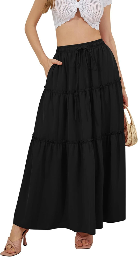 Skirts for Women Boho Elastic Waisted Drawstring Swing Ruched 3 Tiered Maxi Skirt with Pockets