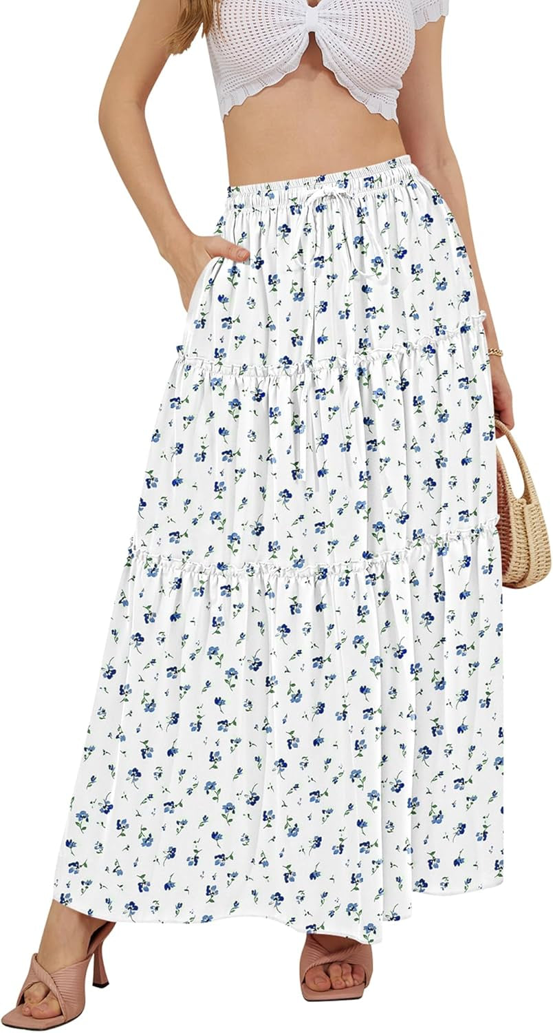 Skirts for Women Boho Elastic Waisted Drawstring Swing Ruched 3 Tiered Maxi Skirt with Pockets