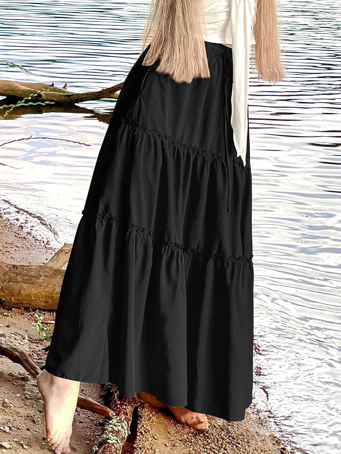 Skirts for Women Boho Elastic Waisted Drawstring Swing Ruched 3 Tiered Maxi Skirt with Pockets