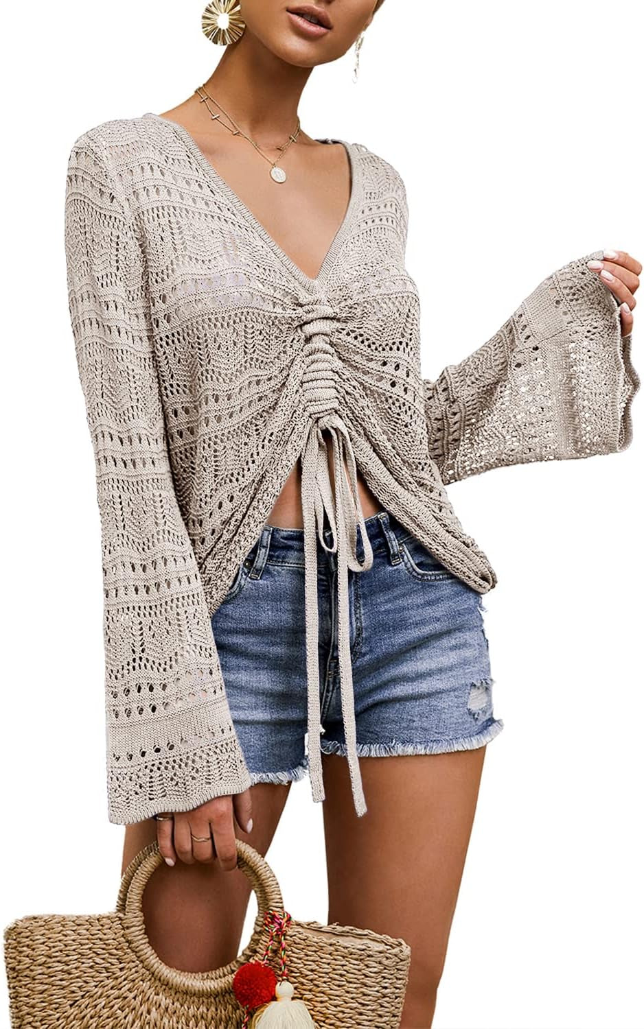 Womens Boho off Shoulder Sheer Crop Tops Bell Sleeve Flowy Oversized Crochet Ruched Pullover Sweaters