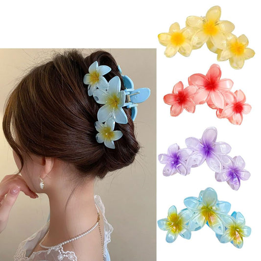 4PCS Hawaiian Plumeria Flower Hair Clips - Large Non-Slip Claw Clips for Women, Strong Hold Beach Hair Accessories (Light Colour)