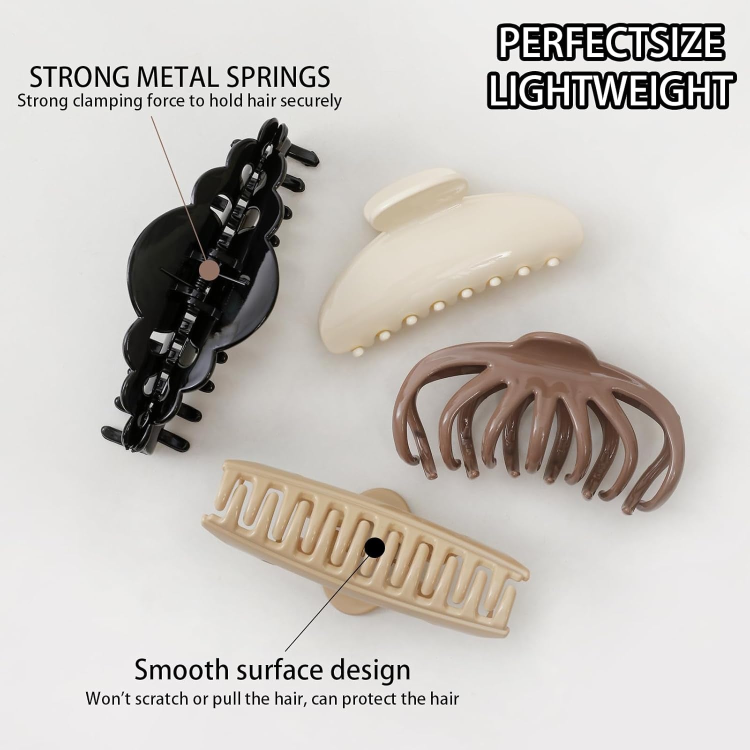 4 Pack Large Hair Claw Clips for Women - 4.7 Inch Light Weight Hair Clips for Thick Hair, 4 Styles, 4 Colors, Nonslip Strong Hold Big Jaw Clips