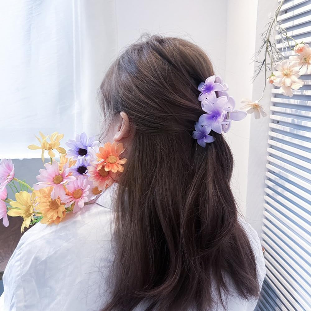4PCS Hawaiian Plumeria Flower Hair Clips - Large Non-Slip Claw Clips for Women, Strong Hold Beach Hair Accessories (Light Colour)
