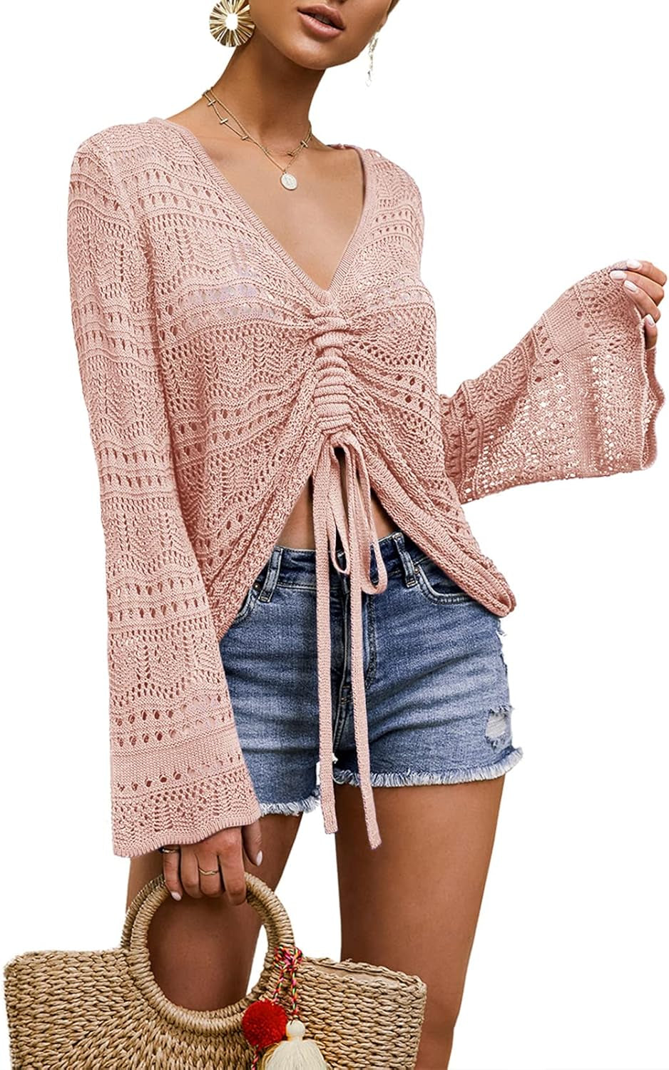 Womens Boho off Shoulder Sheer Crop Tops Bell Sleeve Flowy Oversized Crochet Ruched Pullover Sweaters